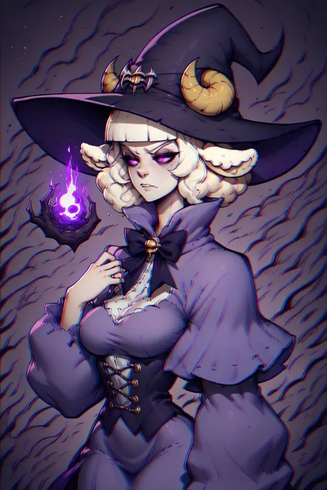 score_9, score_8_up, score_7_up, BREAK 1girl, solo,  <lora:NSWeresheepMGE:0.8> NSWeresheepMGE, purple eyes, medium hair, blunt bangs, sheep horns, sheep ears, witch hat, purple robe, glowing eyes, dark, looking at the viewer  <lora:chromaticAberrationPDXL2_v3:1.3> chromatic aberration