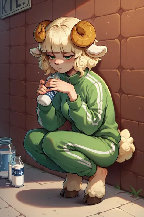 score_9, score_8_up, score_7_up, 1girl, solo, <lora:NSWeresheepMGE:0.8> NSWeresheepMGE, green eyes, medium hair, blunt bangs, sheep horns, sheep ears, tracksuit, squatting, milk bottles, alleyway, hooves