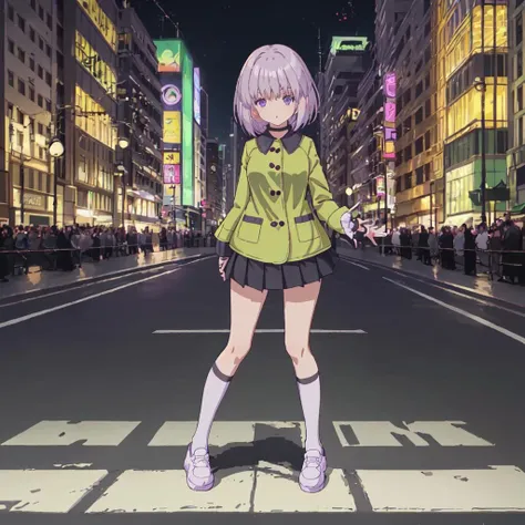 <lora:Magical_Cat:1>outdoor,street,high quality,Masterpeace,Magical_Cat, 1girl, solo, short hair, long sleeves, purple eyes,green jacket, pleated skirt, white shoes, black socks, black skirt, kneehighs, light purple hair, standing, full body, hand on hip