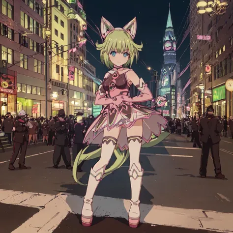 <lora:Magical_Cat:1>outdoor,street,high quality,Masterpeace,Magical_Cat, 1girl, solo, short hair, blue eyes,dress, animal ears, boots, green hair, elbow gloves, pink gloves, standing, full body, hand on hip