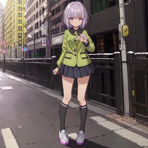 Manga. Woman wearing a green skirt and purple top and chunky boots with very long eyelashes. Manga with bold smooth outlines and subtle shading with vivid colour. Extremely interesting scene. <lora:eyelashes:1>