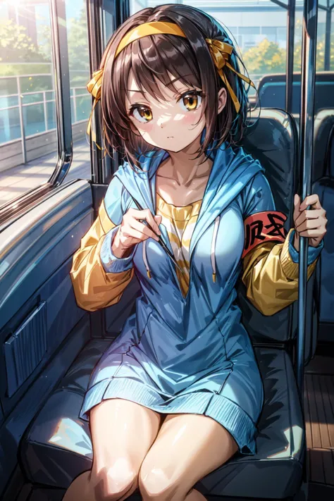 (masterpiece),(best quality), <lora:HaruhiSuzumiya:0.8>, 1girl, solo, suzumiya haruhi, layered sweater, hair ribbon, hairband, blue hoodie, large hoodie, layered sleeves, armband, tram seat, sitting, windows, beautiful sunlight, <lora:Adddetail:0.7>