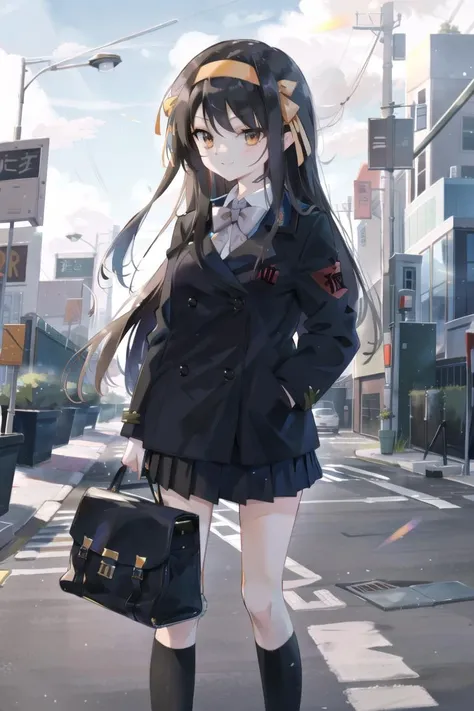 photo,realistic,
suzumiya haruhi,
looking at viewer, smile,
suzumiya haruhi, hair ribbon, hair band
Kouyouen school uniform, Kouyouen black skirt, black jacket, kneehighs, bow, official alternate hair length
(curtsey,:1.4),long skirts,full body,
<lora:HaruhiSuzumiya:1>