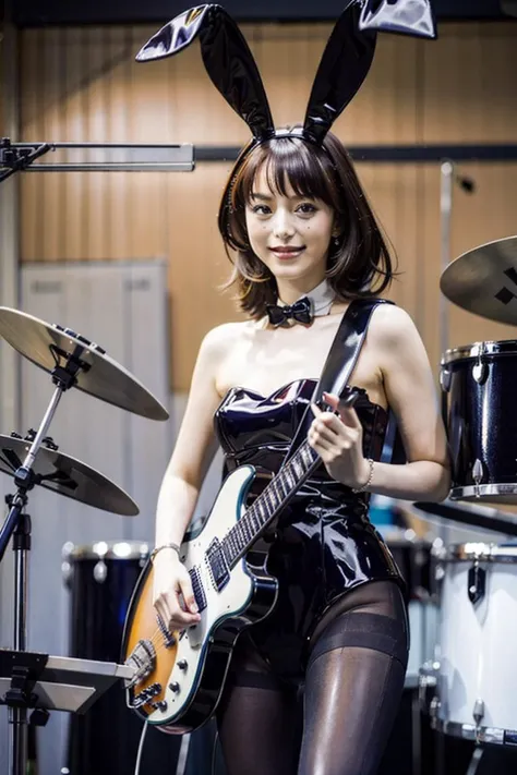 On a live stage, beautiful Japanese age band idols with big blue hair, wearing purple underwear, spread their legs wide and play the guitar.、Punk Fashion、Black leather jacket with studs