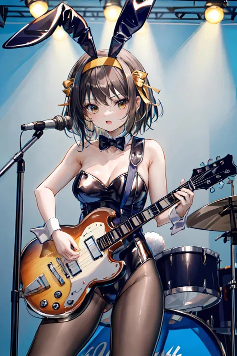 (masterpiece),(best quality), <lora:HaruhiSuzumiya:0.80>, suzumiya haruhi, guitar, playing instrument, microphone stand, microphone, pantyhose, official alternate costume, playboy bunny, hairband, hair ribbon, rabbit ears, rabbit tail, drum set, on stage, stage scene, <lora:Adddetail:0.6>,