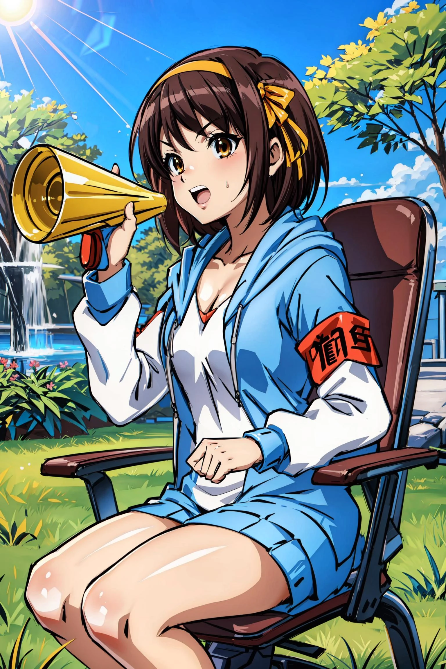 (masterpiece),(best quality), <lora:HaruhiSuzumiya:0.85>, suzumiya haruhi, hair ribbon, hairband, blue hoodie, layered sleeves, sweater, armband, park, chair, sitting, holding megaphone, sakura, grass, sun, sunlight, fountain, , <lora:Adddetail:0.7>, looking at the viewer,