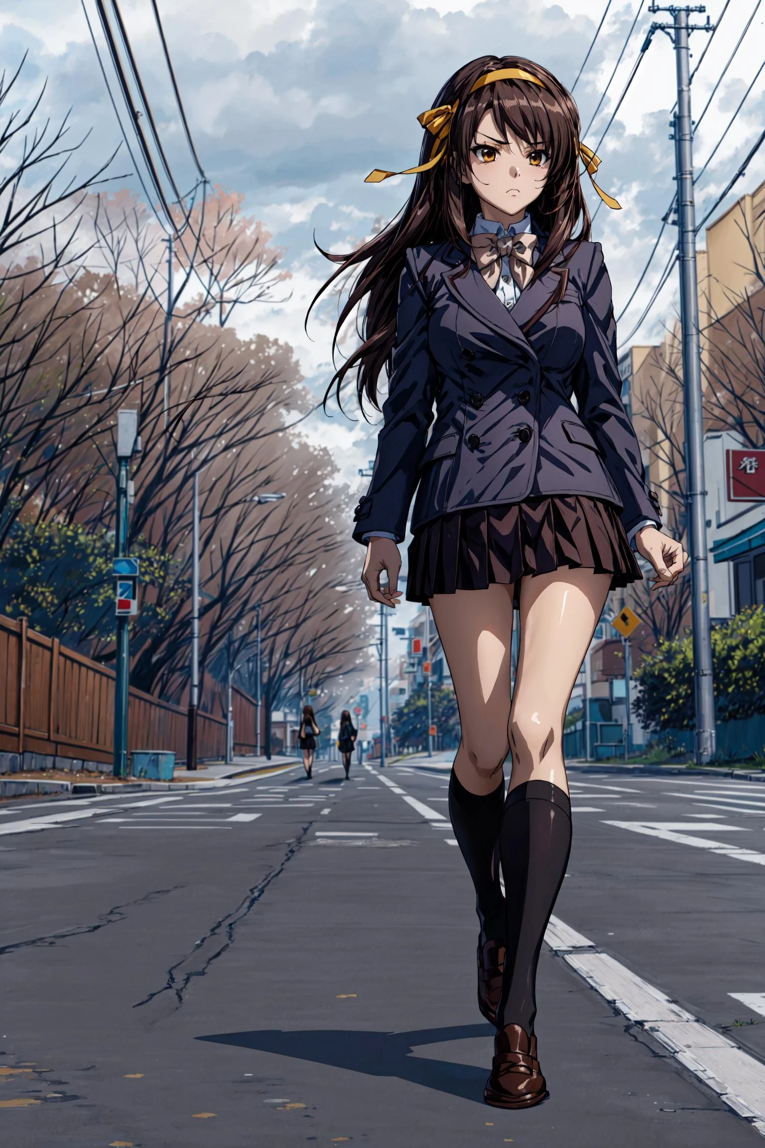 (masterpiece),(best quality), <lora:HaruhiSuzumiya:0.8>, suzumiya haruhi, hairband, hair ribbon, official alternate hair length, Kouyouen school uniform, Kouyouen black skirt, kneehighs, bow, sad face, head down, uphill street, pavement, on sidewalk, walking, fog, cloud, <lora:Adddetail:0.7>