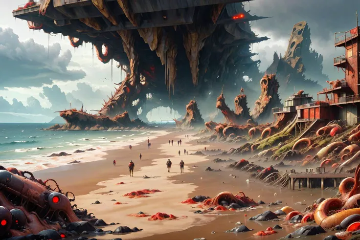 <lora:RottenTech-30:0.8>,rottentech , scifi,biohazard, filthy,
(coast beach) ,epic scenery ,