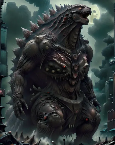 godzilla, <lora:GodzillaXP_v1.0:0.6>, godzillaxp, <lora:RottenTech-30:0.9>, rottentech, scifi, biohazard, filthy, city