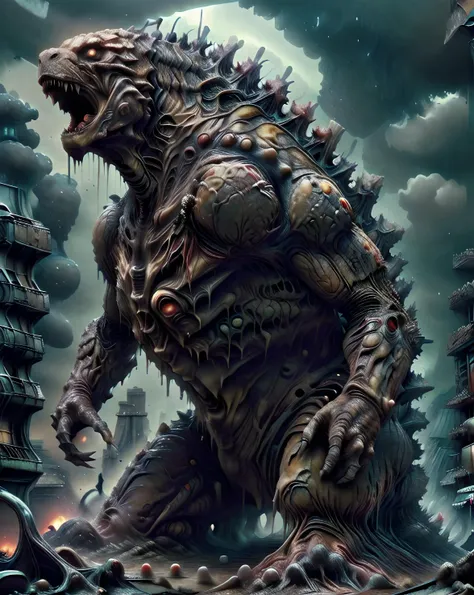 godzilla, <lora:GodzillaXP_v1.0:0.6>, godzillaxp, <lora:RottenTech-30:0.9>, rottentech, scifi, biohazard, filthy, city, <lora:ral-melting-sd15:0.8>, ral-melting