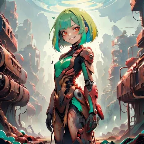 <lora:RottenTech-30:0.8>,rottentech , scifi,biohazard, filthy,green scifi dress,
best quality,flat vector art , illustration , cowboy shot, sweet grin ,standing in a scifi city, closed mouth,
1girl,perfect face , bob cut, red eyes, green hair, small breasts, multicolored hair, aqua hair, seductive smile, <lora:ChronoTempStyle-20:0.3>