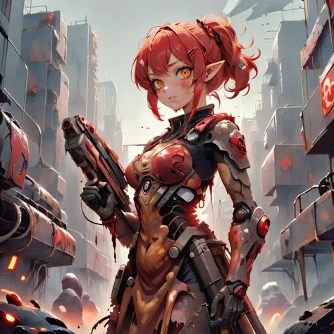 <lora:RottenTech-30:0.8>,rottentech , scifi,biohazard, filthy,red scifi dress,
best quality,flat vector art , illustration , cowboy shot, standing in a scifi city,upset ,tall female, holding weapon, 
1girl,perfect face ,sidelocks, pixie cut,short low ponytail, pointy ears, yellow eyes, red hair, medium breasts, hairclip, <lora:ChronoTempStyle-20:0.3>