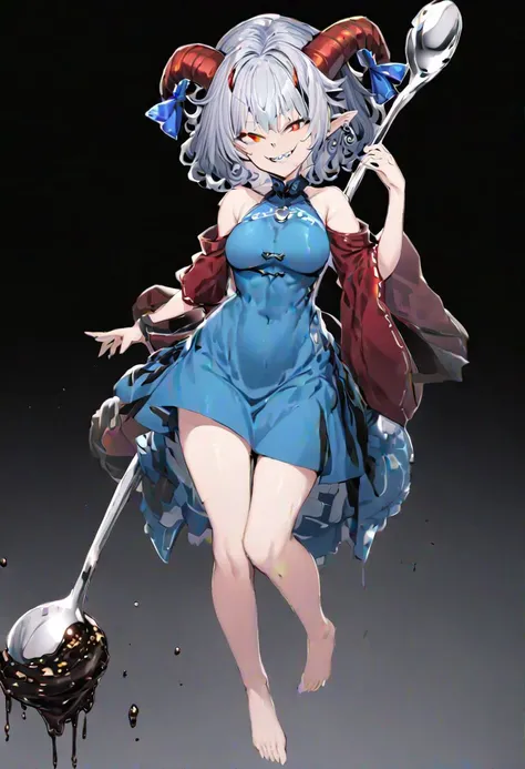 masterpiece, best quality, ultra-detailed, beautiful, nai3, 1girl, solo, full_body, tachi-e,
toutetsu_yuuma,
Yuuma Toutetsu, red eyes, silver hair, fluffy hair, short hair, light blue dress, short red sleeves, shoulders, red goat horns with blue ribbons, barefoot,
toutetsu yuuma, sharp teeth, horn ribbon, horn ornament, horizontal pupils, blue dress, red sleeves, detached sleeves, jewelry, earrings,
horns, ribbon, curly_hair, horizontal_pupils, goat_eyes, evil_smile, grin, grinning, holding_spoon, oversized_object, spork, holding_spork, black_oil_in_spork,