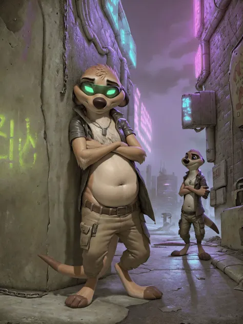 Hyper realistic, Ultra detailed, Masterwork. cyberpunk , 3d render, <lora:timon_the_meerkat_v1.0_:0.75> Meerkat, Soft fur, Fluffy fur, Chibi, Chubby, Digitigrade, Timon Wearing black pants, cargo pants, chains, dogtags, undershirt, punk shirt, Trenchcoat, Visor, Arms crossed, Leaning against wall, Post-apocalyptic alley, neon, signs, machines, cyberpunk alley. <lora:TeddyBear:0.25> Detailed scene, detailed background.