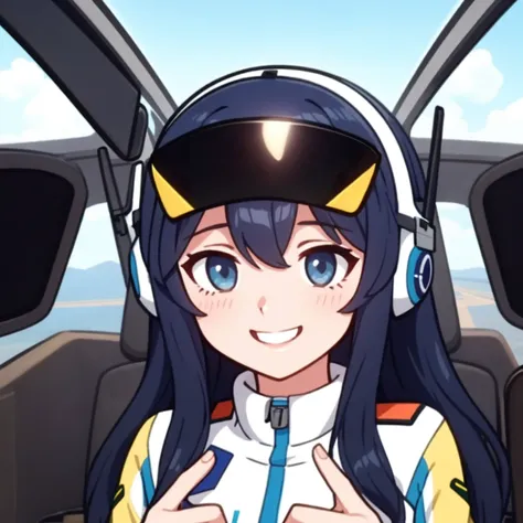 cute 1girl, blue pilot suit, in a cockpit, anime screencap <lora:cutememe02:0.6>, <lyco:[LoHa] Hanaya è±å±  ã¯ãªã Concept:0.2>, flatflower <lyco:GoodHands-beta2:1.0> nice hands, perfect hands, head-mounted display,  helmet, smiling, happy