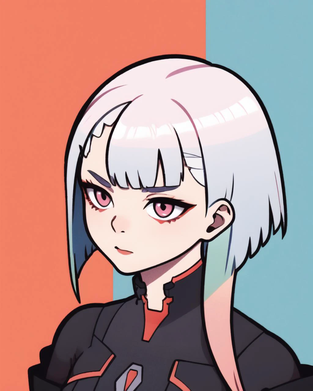masterpiece, best quality, ultra detailed, <lora:lucy_(cyberpunk)_v10:1>, lucy \(cyberpunk\), white hair, pink hair, gradient hair, red make up, <lora:cutememe02:1>,
