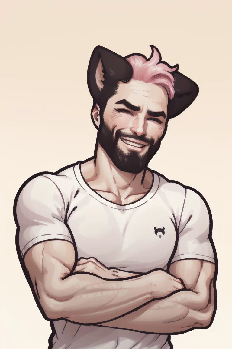 <lora:Gigachadv1:1.0> photo of gigachad, closeup, upper body, pink hair, smile, white shirt, cat, cat ears,
<lora:cutememe02:1.2> kawaii, chibi,