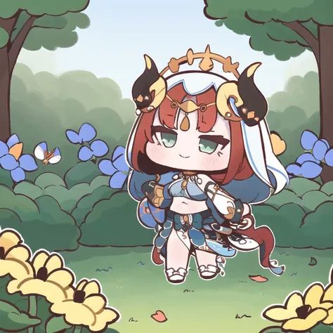 1girl, (chibi:1.2)
beautiful, elegant,
<lora:nilouGenshinImpact_v10:1.1:MIDD> nilou (neither flower nor mist) (genshin impact), aqua eyes, fake horns, red hair, long hair, crop top, jewelry, horns, veil, bracer, brooch, long sleeves, puffy long sleeves, skirt, bangs, twintails, puffy sleeves, neck ring, gold trim, parted bangs, circlet, blue skirt, hair ornament, detached sleeves, low twintails, floating hair, gem, blue gemstone, dancer, white headwear, midriff, very long hair,
around the garden, flowers, butterflies, sunlight, sunflowers, lilies, roses, nature, petals, lens flare,
 <lora:cutememe-01:1>