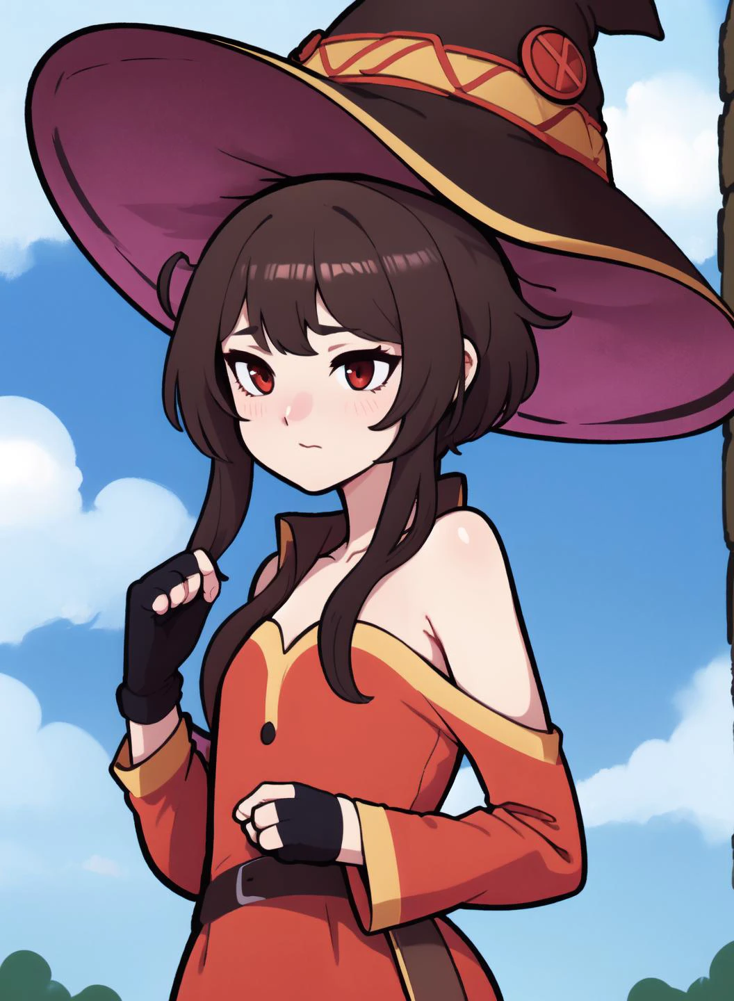masterpiece, best quality, ultra detailed, <lora:megumin:1>, 1girl, bandages, bangs, blue sky, blush, megumin, outdoors, short hair, sidelocks, small breasts, witch hat, red dress, black fingerless gloves, <lora:cutememe02:1> , brown hair, red eyes,