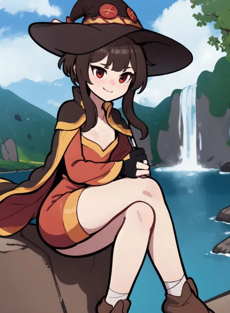 masterpiece, best quality, ultra detailed, <lora:megumin:1>, 1girl, bandages, bangs, blue sky, blush, cape, megumin, outdoors, short hair, sidelocks, small breasts, witch hat, red dress, black fingerless gloves, <lora:cutememe02:1> sitting on rock, happy, waterfall, staff on the ground, waterfall on background, brown hair, red eyes