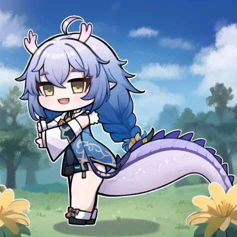 (chibi:1.4)
(small girl:1.1), solo, smile, :d, smug,
smile, from side,
bailu,twin braids, (dragon tail:1.0), detached sleeves fur trim chinese clothes yellow tassel, dragon horns,
outdoor, rural style, <lora:bailuHonkaiStarRail0:1>
 <lora:cutememe-01:1>