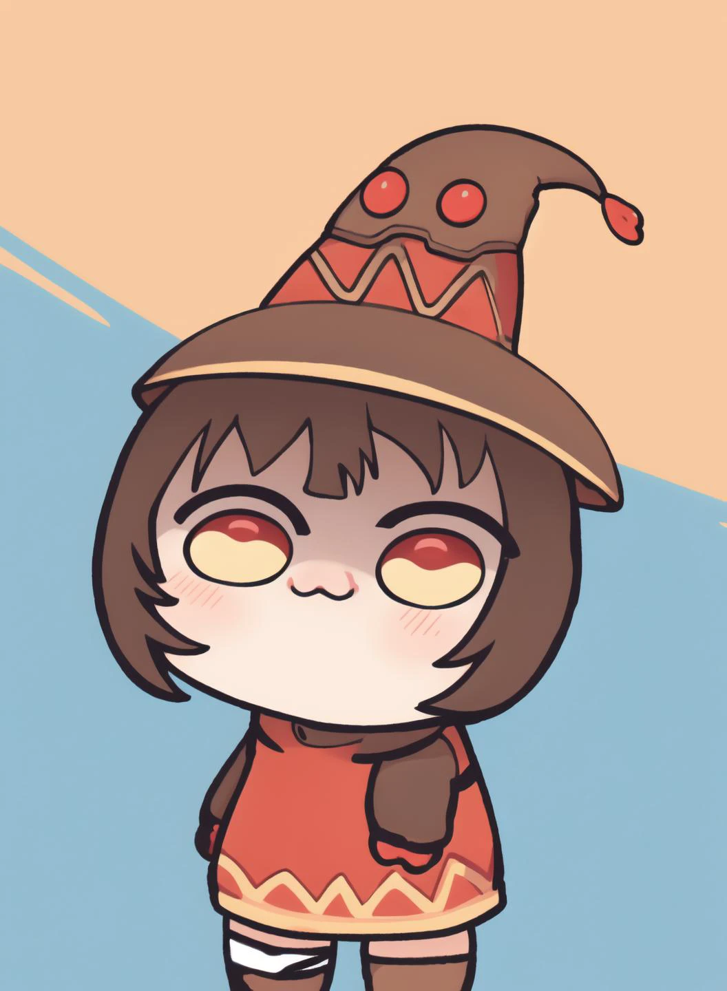 masterpiece, best quality, ultra detailed, <lora:megumin:1>, 1girl, bandages, bangs, blue sky, blush, megumin, outdoors, short hair, sidelocks, small breasts, witch hat, red dress, black fingerless gloves, <lora:cutememe02:1> , brown hair, red eyes, chibi , cartoon, eyes cartoon,