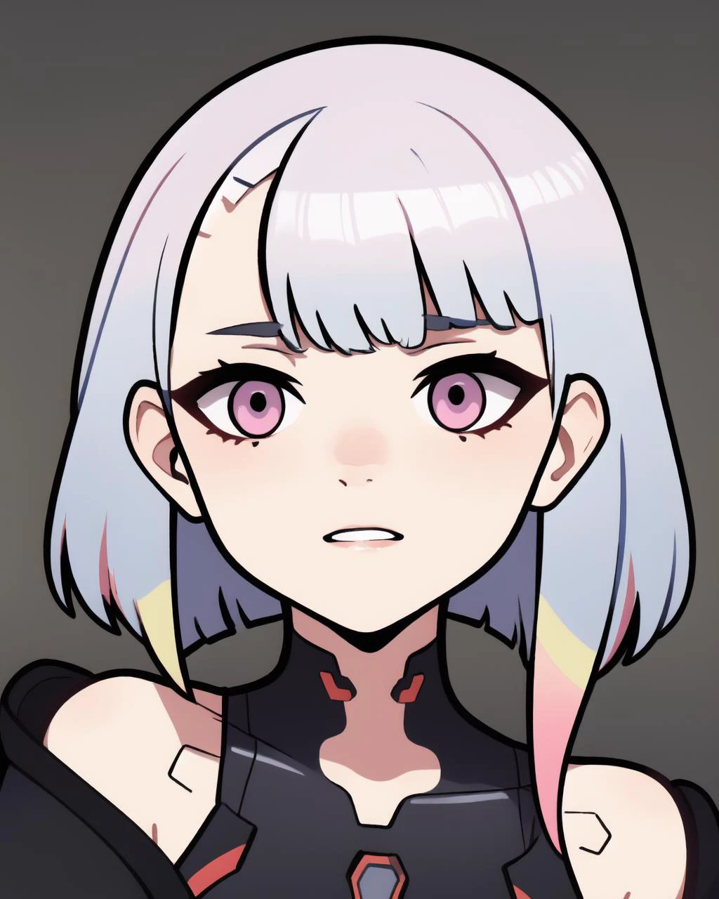 masterpiece, best quality, ultra detailed, <lora:lucy_(cyberpunk)_v10:1>, lucy \(cyberpunk\), white hair, pink hair, gradient hair, red make up, <lora:cutememe02:1>,
