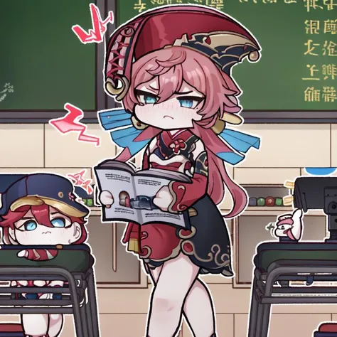 <lora:cutememe-01:1>xiaoren,chibi, best-quality,<lora:yanfei1-000009:1>,1 cute girl,red hat,blue,eyes,(holding a book),serious look, frown,walking to view,look at view, full body, (AS-Youngest:1.3),(in classroom:1.3)