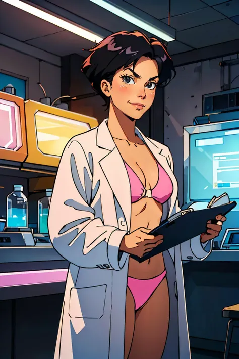 amywong, short black hair, black eyes, white labcoat, pink bikini, looking at viewer, serious, smirk, standing, holding clipboard, inside laboratory, neon lighting, high quality, masterpiece <lora:Amywong:.5>