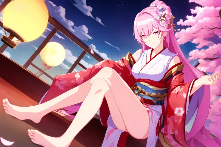 masterpiece, best quality,((ultra-detailed)), (illustration), ((an extremely delicate and beautiful)),dynamic angle,floating, (beautiful detailed eyes),(bright eyes) ,(detailed light),solo,
1girl, bare_legs, barefoot, cherry_blossoms, closed_eyes, cloud, flower, full_moon, hair_ornament, japanese_clothes, kimono, long_hair, long_sleeves, moon, night, night_sky, pink_hair, sitting, sky, solo, tree, very_long_hair, wide_sleeves