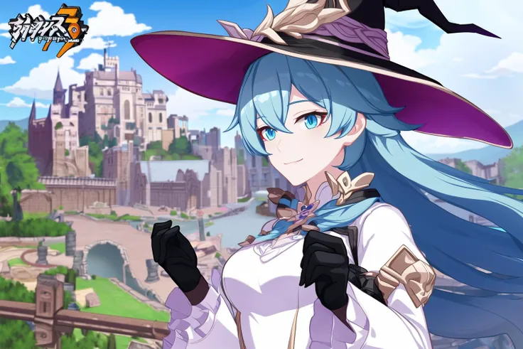 masterpiece, best quality,((ultra-detailed)), (illustration), ((an extremely delicate and beautiful)),dynamic angle,floating, (beautiful detailed eyes),(bright eyes) ,(detailed light),solo,
1girl, black_gloves, black_headwear, blue_eyes, blue_hair, blue_sky, braid, building, castle, city, cityscape, clock_tower, cloud, cloudy_sky, day, gloves, hat, house, long_hair, long_sleeves, looking_at_viewer, mountain, open_mouth, outdoors, ruins, scenery, sky, smile, solo, tower, town, upper_body, witch, witch_hat