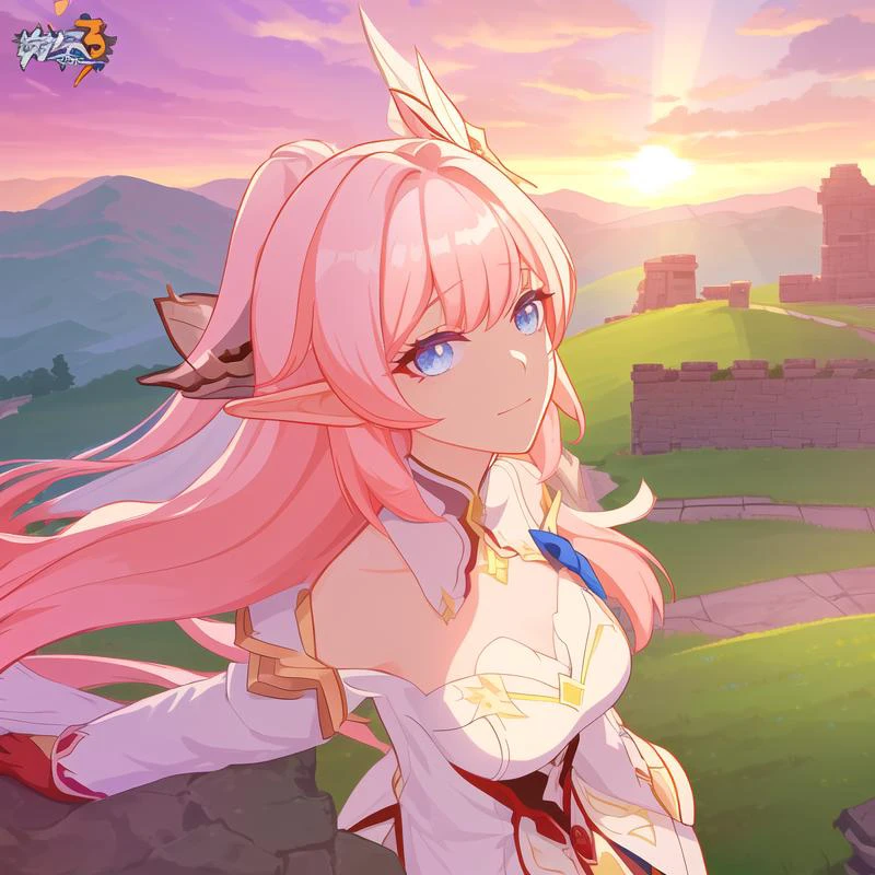 masterpiece, elf ears, best quality,((ultra-detailed)), (illustration), ((an extremely delicate and beautiful)),dynamic angle,floating, (beautiful detailed eyes),(bright eyes) ,(detailed light),solo, 1girl, bangs, blue_eyes, blunt_bangs, breasts, building, city, cityscape, cleavage, cloud, cloudy_sky, dusk, evening, gradient_sky, hair_ornament, logo, long_hair, looking_at_viewer, mountainous_horizon, orange_sky, outdoors, pink_hair, purple_sky, red_sky, scenery, sky, solo, sun, sunrise, sunset, twilight <lora:Elysia:0.5> <lora:pastelMixStylizedAnime_pastelMixLoraVersion:0.5>