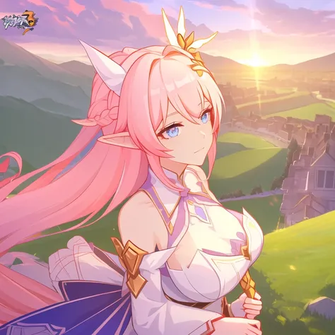 masterpiece, elf ears, best quality,((ultra-detailed)), (illustration), ((an extremely delicate and beautiful)),dynamic angle,floating, (beautiful detailed eyes),(bright eyes) ,(detailed light),solo, 1girl, bangs, blue_eyes, blunt_bangs, breasts, building, city, cityscape, cleavage, cloud, cloudy_sky, dusk, evening, gradient_sky, hair_ornament, logo, long_hair, looking_at_viewer, mountainous_horizon, orange_sky, outdoors, pink_hair, purple_sky, red_sky, scenery, sky, solo, sun, sunrise, sunset, twilight <lora:Elysia:0.5> <lora:pastelMixStylizedAnime_pastelMixLoraVersion:0.5>