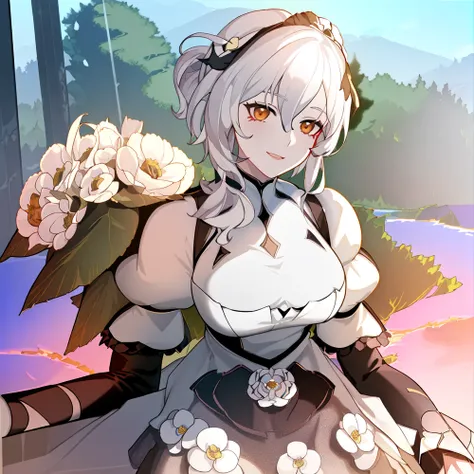 looking at viewer,((yorha no. 2 type b, nier (series), nier automata)),((1girl,solo)),((medium breasts,big hips, cleavage cutout)),(hair between eyes:1.3), (((((juliet sleeves, long sleeves,puffy sleeves,))))),(turtleneck short white dress:1.6),(red lips:1.2),(short hair:1.4),(white hair:1.4),(full shot:1.3), (lying:1.6),BREAK,(detailed face and eyes), (Masterpiece, best quality), (highly detailed photo:1.1), 8k,(photorealistic:0.8),(highest quality, Alessandro Casagrande,Greg Rutkowski, Sally Mann, concept art, 4k), (analog:1.2), (high sharpness), (detailed pupils:1.1), (painting:1.1), (digital painting:1.1),(detailed texture:1.1),(High Detailed realistic skin texture:1.2),(volumetric lighting:1.3),(photo of the most beautiful artwork in the world 18 years old pretty girl featuring soft lustrous),(Cowboy shot:1.4),High Detail,detailed face,realistic lighting, cinematic light, 8k, (extremely detailed CG unity 8k background),cinematic lighting,By jeremy mann, by sandra chevrier, by maciej kuciara,sharp, ((perfect body)), realistic, real shadow, 3d,((forest background)), (by Michelangelo),younger,teenage,(beautiful and perfect face:1.3),(pale skin:1.3),(lustrous skin:1.3),smile,cute,FEMININE,(various flowers:1.3),  <lora:pastelMixStylizedAnime_pastelMixLoraVersion:0.3> <lora:signoraGenshinImpact_v25:0.7>