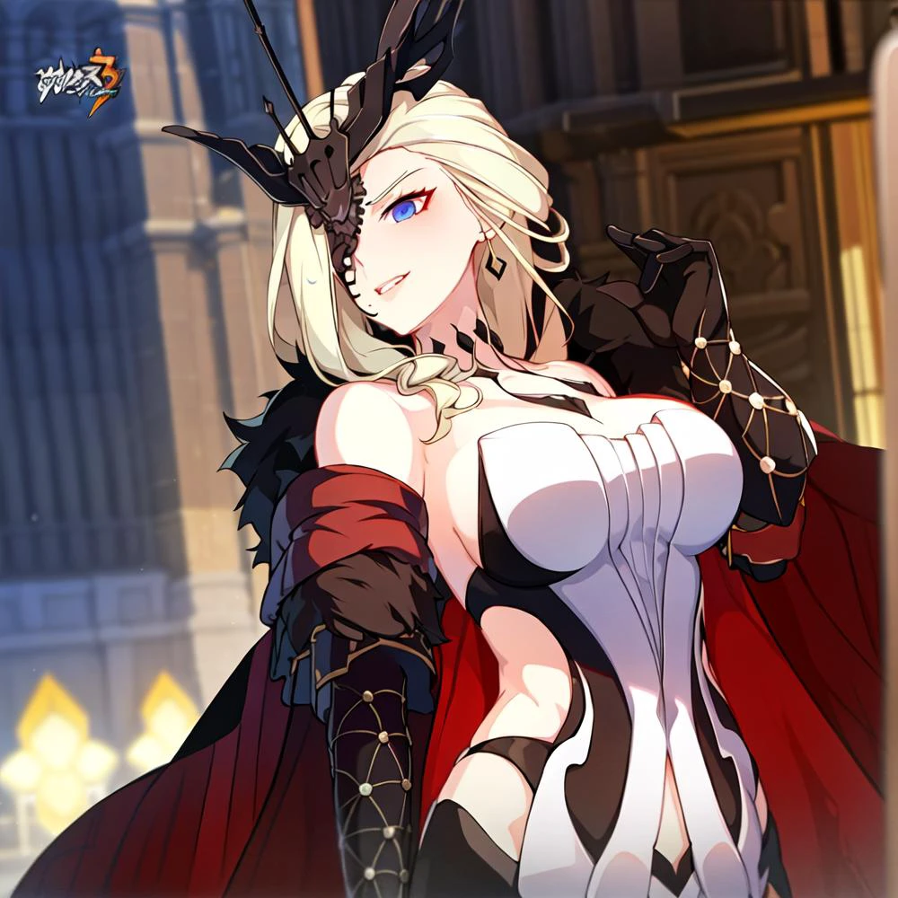 1girl, bare shoulders, black mask, blonde hair, blue eyes, cleavage, collarbone, dress, elbow gloves, fur trim, gloves, large breasts, long hair, looking at viewer, mask, navel, one eye covered, pelvic curtain, signora \(genshin impact\), smile, solo,(masterpiece:1.4),(best quality:1.4),(shiny skin),red lips,mature female, (detailed face and eyes), (Masterpiece, best quality), (highly detailed photo:1.1) <lora:signoraGenshinImpact_v25:1>