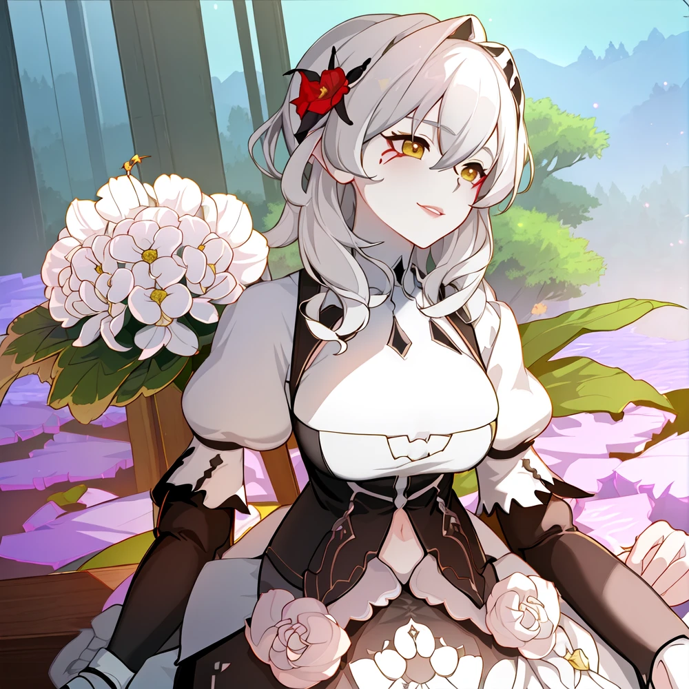 looking at viewer,((yorha no. 2 type b, nier (series), nier automata)),((1girl,solo)),((medium breasts,big hips, cleavage cutout)),(hair between eyes:1.3), (((((juliet sleeves, long sleeves,puffy sleeves,))))),(turtleneck short white dress:1.6),(red lips:1.2),(short hair:1.4),(white hair:1.4),(full shot:1.3), (lying:1.6),BREAK,(detailed face and eyes), (Masterpiece, best quality), (highly detailed photo:1.1), 8k,(photorealistic:0.8),(highest quality, Alessandro Casagrande,Greg Rutkowski, Sally Mann, concept art, 4k), (analog:1.2), (high sharpness), (detailed pupils:1.1), (painting:1.1), (digital painting:1.1),(detailed texture:1.1),(High Detailed realistic skin texture:1.2),(volumetric lighting:1.3),(photo of the most beautiful artwork in the world 18 years old pretty girl featuring soft lustrous),(Cowboy shot:1.4),High Detail,detailed face,realistic lighting, cinematic light, 8k, (extremely detailed CG unity 8k background),cinematic lighting,By jeremy mann, by sandra chevrier, by maciej kuciara,sharp, ((perfect body)), realistic, real shadow, 3d,((forest background)), (by Michelangelo),younger,age,(beautiful and perfect face:1.3),(pale skin:1.3),(lustrous skin:1.3),smile,cute,FEMININE,(various flowers:1.3), <lora:pastelMixStylizedAnime_pastelMixLoraVersion:0.3> <lora:signoraGenshinImpact_v25:0.7>