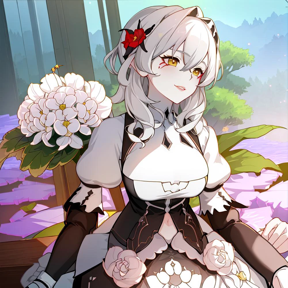 looking at viewer,((yorha no. 2 type b, nier (series), nier automata)),((1girl,solo)),((medium breasts,big hips, cleavage cutout)),(hair between eyes:1.3), (((((juliet sleeves, long sleeves,puffy sleeves,))))),(turtleneck short white dress:1.6),(red lips:1.2),(short hair:1.4),(white hair:1.4),(full shot:1.3), (lying:1.6),BREAK,(detailed face and eyes), (Masterpiece, best quality), (highly detailed photo:1.1), 8k,(photorealistic:0.8),(highest quality, Alessandro Casagrande,Greg Rutkowski, Sally Mann, concept art, 4k), (analog:1.2), (high sharpness), (detailed pupils:1.1), (painting:1.1), (digital painting:1.1),(detailed texture:1.1),(High Detailed realistic skin texture:1.2),(volumetric lighting:1.3),(photo of the most beautiful artwork in the world 18 years old pretty girl featuring soft lustrous),(Cowboy shot:1.4),High Detail,detailed face,realistic lighting, cinematic light, 8k, (extremely detailed CG unity 8k background),cinematic lighting,By jeremy mann, by sandra chevrier, by maciej kuciara,sharp, ((perfect body)), realistic, real shadow, 3d,((forest background)), (by Michelangelo),younger,age,(beautiful and perfect face:1.3),(pale skin:1.3),(lustrous skin:1.3),smile,cute,FEMININE,(various flowers:1.3), <lora:pastelMixStylizedAnime_pastelMixLoraVersion:0.3> <lora:signoraGenshinImpact_v25:0.7>