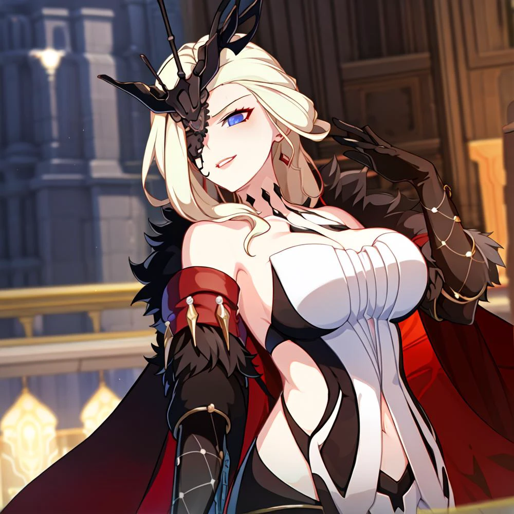 1girl, bare shoulders, black mask, blonde hair, blue eyes, cleavage, collarbone, dress, elbow gloves, fur trim, gloves, large breasts, long hair, looking at viewer, mask, navel, one eye covered, pelvic curtain, signora \(genshin impact\), smile, solo,(masterpiece:1.4),(best quality:1.4),(shiny skin),red lips,mature female, (detailed face and eyes), (Masterpiece, best quality), (highly detailed photo:1.1) <lora:signoraGenshinImpact_v25:1>