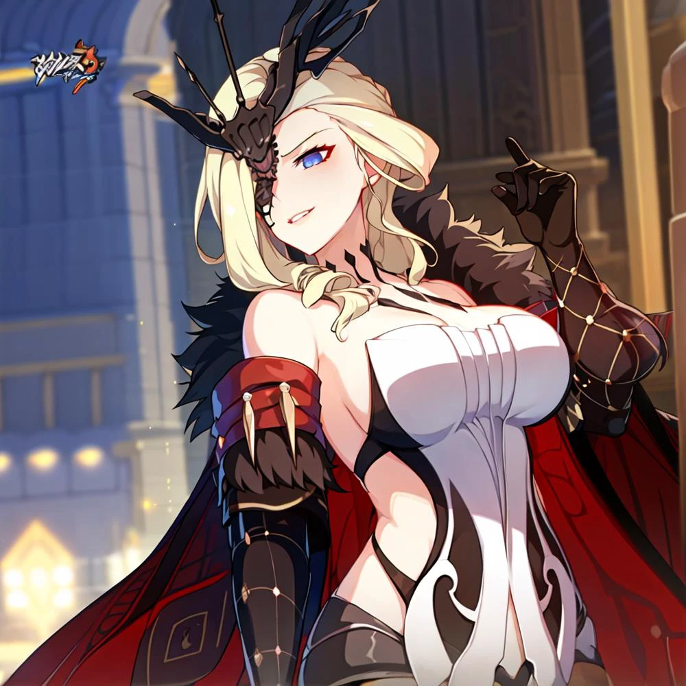 1girl, bare shoulders, black mask, blonde hair, blue eyes, cleavage, collarbone, dress, elbow gloves, fur trim, gloves, large breasts, long hair, looking at viewer, mask, navel, one eye covered, pelvic curtain, signora \(genshin impact\), smile, solo,(masterpiece:1.4),(best quality:1.4),(shiny skin),red lips,mature female, (detailed face and eyes), (Masterpiece, best quality), (highly detailed photo:1.1) <lora:signoraGenshinImpact_v25:1>