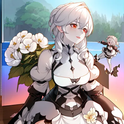 looking at viewer,((yorha no. 2 type b, nier (series), nier automata)),((1girl,solo)),((medium breasts,big hips, cleavage cutout)),(hair between eyes:1.3), (((((juliet sleeves, long sleeves,puffy sleeves,))))),(turtleneck short white dress:1.6),(red lips:1.2),(short hair:1.4),(white hair:1.4),(full shot:1.3), (lying:1.6),BREAK,(detailed face and eyes), (Masterpiece, best quality), (highly detailed photo:1.1), 8k,(photorealistic:0.8),(highest quality, Alessandro Casagrande,Greg Rutkowski, Sally Mann, concept art, 4k), (analog:1.2), (high sharpness), (detailed pupils:1.1), (painting:1.1), (digital painting:1.1),(detailed texture:1.1),(High Detailed realistic skin texture:1.2),(volumetric lighting:1.3),(photo of the most beautiful artwork in the world 18 years old pretty girl featuring soft lustrous),(Cowboy shot:1.4),High Detail,detailed face,realistic lighting, cinematic light, 8k, (extremely detailed CG unity 8k background),cinematic lighting,By jeremy mann, by sandra chevrier, by maciej kuciara,sharp, ((perfect body)), realistic, real shadow, 3d,((forest background)), (by Michelangelo),younger,teenage,(beautiful and perfect face:1.3),(pale skin:1.3),(lustrous skin:1.3),smile,cute,FEMININE,(various flowers:1.3),  <lora:pastelMixStylizedAnime_pastelMixLoraVersion:0.3> <lora:signoraGenshinImpact_v25:0.7>