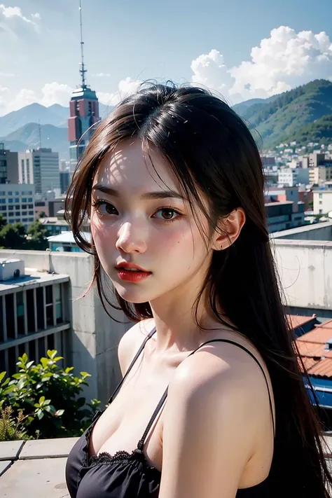 (masterpiece), best quality, perfect face, 1girl, on the rooftop, <lora:Heyimmint-02:1>