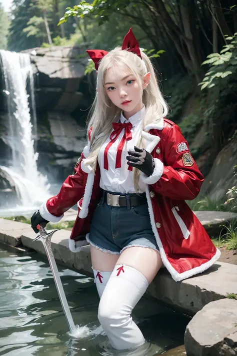 (masterpiece), best quality, expressive eyes, perfect face, 1girl, solo, long hair, looking at the viewer, blue eyes, thigh highs, gloves, ribbon, holding, jacket, hair ribbon, ponytail, weapon, white hair, boots, outdoors, shorts, pointy ears, belt, sword, fingerless gloves, water, holding weapon, white thigh highs, thigh boots, white footwear, elf, red jacket, red gloves, floating, crystal, waterfall, floating weapon, <lora:Heyimmint-04:1>