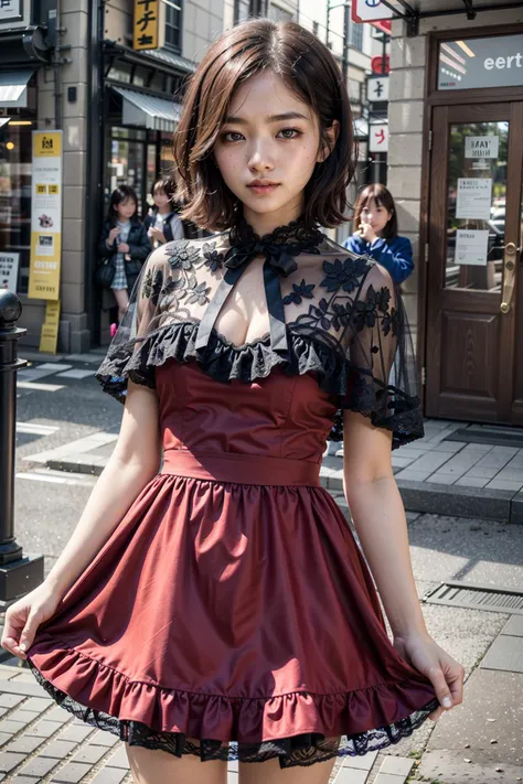 (realistic:1.3), finely detailed, quality, rembrandt lighting, (masterpiece:1.2), (photorealistic:1.2), (best quality), (detailed skin:1.3), (intricate details), dramatic, ray tracing, 1girl, japanese girl, 21 years old, detailed skin texture, (blush:0.5), (goosebumps:0.5), subsurface scattering, smiling, medium breasts, short hair curls, bangs, hair between eyes, frlacape, lace capelet, black capelet, (red dress:1.4), ribbon, bow, lace, lace embroidery, cowboy shot, (bright sunny day, outdoors, tokyo, footpath, stores),  <lora:frlacape_frill capelet_lace capelet:1>