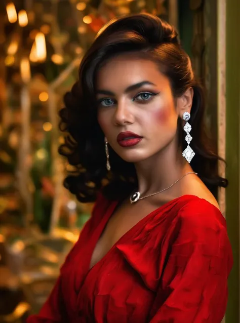 Portrait colour Photo of beautiful crisich in a red dress <lora:Crisich:1>, tanned skin, DSLR, Fujifilm XT3, low saturation