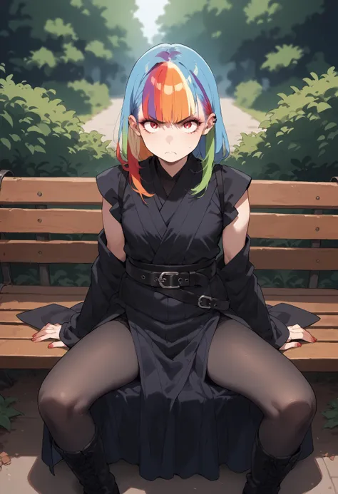 score_9, score_8_up, score_7_up, score_6_up, score_5_up, source_anime,1girl,angry,in a park,sitting on a bench,rainbow hair,bangs,belt,
sith outfit
,black and red,<lora:SithPony-000030>