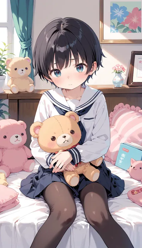 score_9, score_7_up, source_anime, BREAK
1girl, tomboy, short hair, black hair, serafuku, black pantyhose, inside, sitting, on bed, room, full-face blush, blush, holding stuffed toy, large stuffed toy,