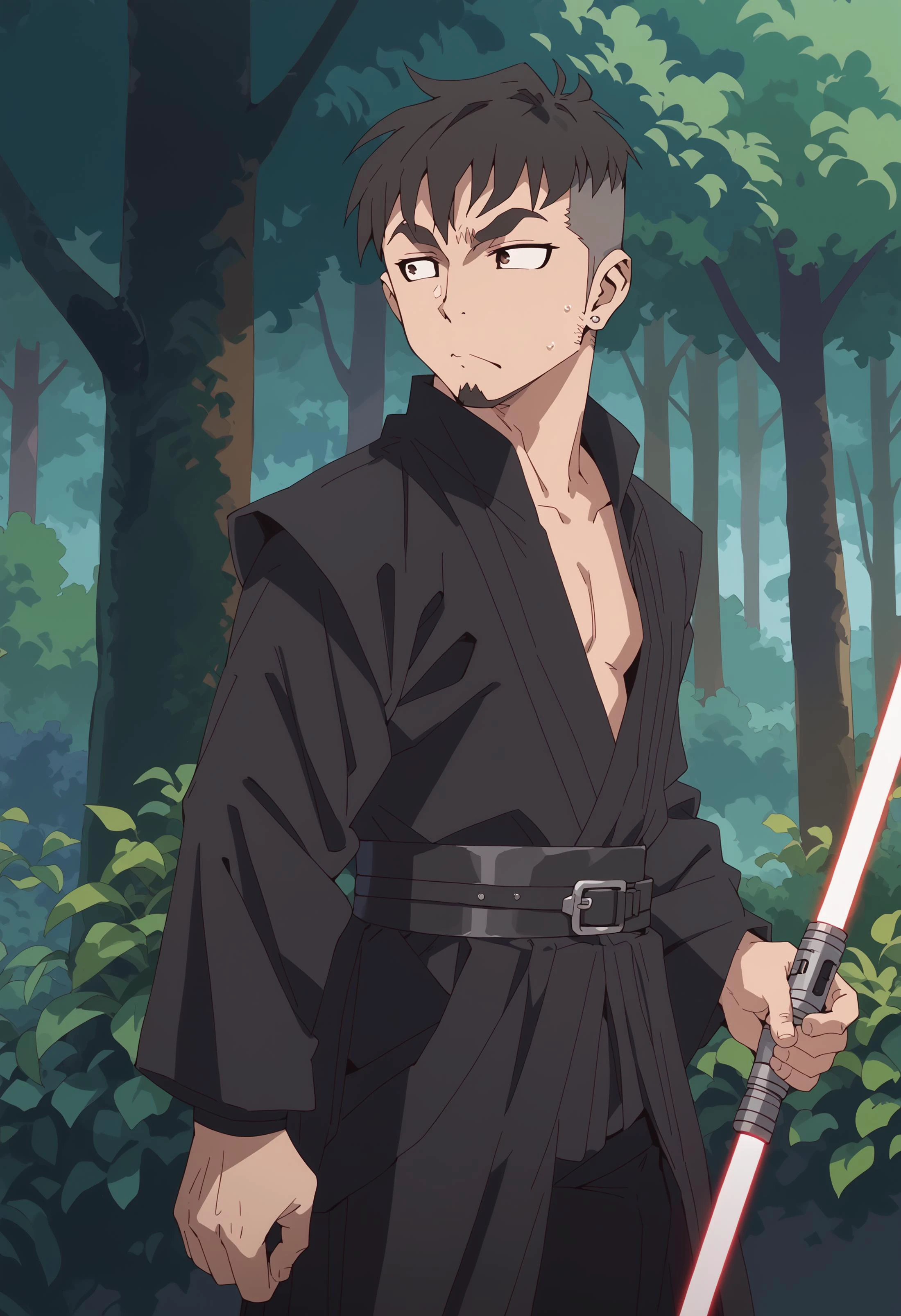 score_9, score_8_up, score_7_up, score_6_up, score_5_up, ,source_anime, anime screencap, anime coloring, official style, 1boy,Jay Chiang, black hair, short hair, dark brown eyes, thick eyebrows, sideburns, facial hair, goatee, earring,lightsaber,in a forest,holding lightsaber,<lora:Berthault_Jay_Chiang_XL>
sith outfit,black sith robes
,<lora:SithPony-000030>