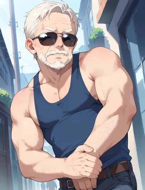 score_9, score_8_up, source_anime, (score_7_up, score_6_up:0.8) , source_anime, official art, masterpiece, highres, BREAK
old man, muscular male,tank top, short denim, beard, sunglasses, upper body, 
<lora:sd_xl_dpo_lora_v1:1>