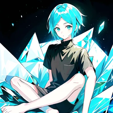 <lora:Phos-LoRA:1> phosphophyllite, phos, 1girl, short_hair, green_hair, black_background, (shiny_hair:1.4), sitting