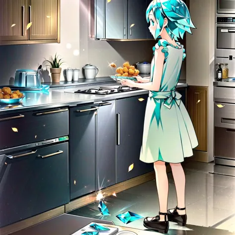 <lora:Phos-LoRA-768:1> phosphophyllite, phos, wide-eyed, standing, light diffraction, full_body, light diffraction, refraction, hair made of glass, cooking, kitchen, chickennuggets
